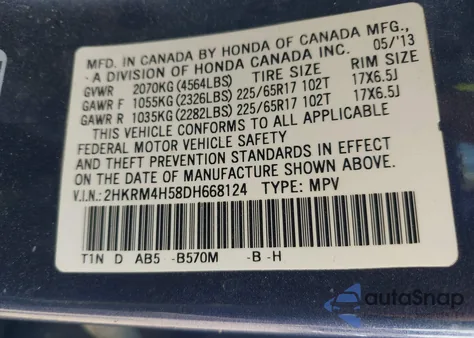 2013 Honda Cr-V Ex from USA, damaged, VIN 2HKRM4H58DH668124